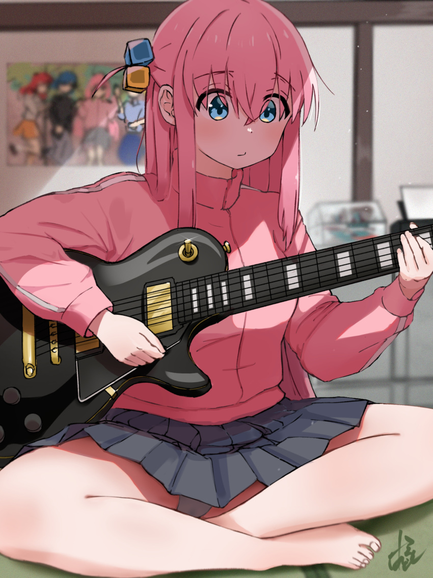 1girl barefoot blue_eyes blue_skirt bocchi_the_rock! closed_mouth crossed_legs cube_hair_ornament feet gotoh_hitori guitar hair_ornament highres holding holding_instrument hylran0427 indoors instrument jacket lotus_position miniskirt on_floor one_side_up panties photo_(object) pink_hair pink_jacket pleated_skirt signature skirt solo thighs track_jacket underwear upskirt white_panties