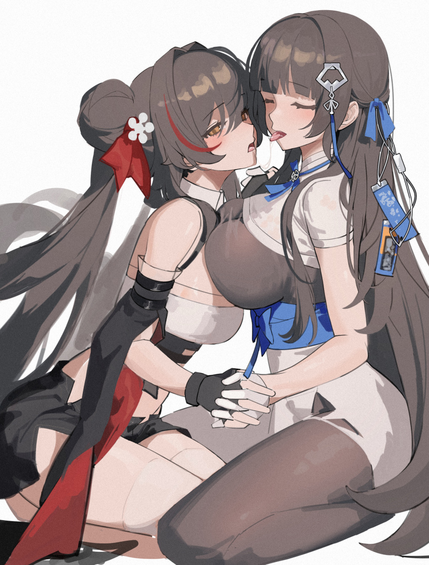 2girls absurdres after_kiss breast_on_breast breasts brown_hair closed_eyes daiyan_(girls'_frontline_nc) fingerless_gloves girls'_frontline girls'_frontline_neural_cloud gloves hair_bun hair_over_eyes hair_ribbon henz highres holding_hands interlocked_fingers jiangyu_(girls'_frontline_nc) large_breasts long_hair multiple_girls open_mouth orange_eyes pantyhose ribbon saliva saliva_trail simple_background thighhighs tongue twintails type_95_(girls'_frontline) type_97_(girls'_frontline) very_long_hair white_background white_thighhighs yuri