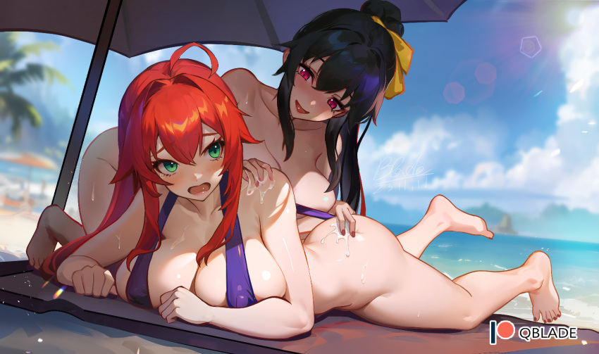 2girls :d ahoge applying_sunscreen ass barefoot beach beach_umbrella black_hair blue_sky breasts cloud commission day english_commentary green_eyes hand_on_another's_ass hand_on_another's_shoulder high_ponytail high_school_dxd himejima_akeno large_breasts long_hair lying multiple_girls nude on_stomach one-piece_swimsuit open_mouth outdoors purple_eyes purple_one-piece_swimsuit qblade red_hair rias_gremory sky slingshot_swimsuit smile swimsuit umbrella very_long_hair