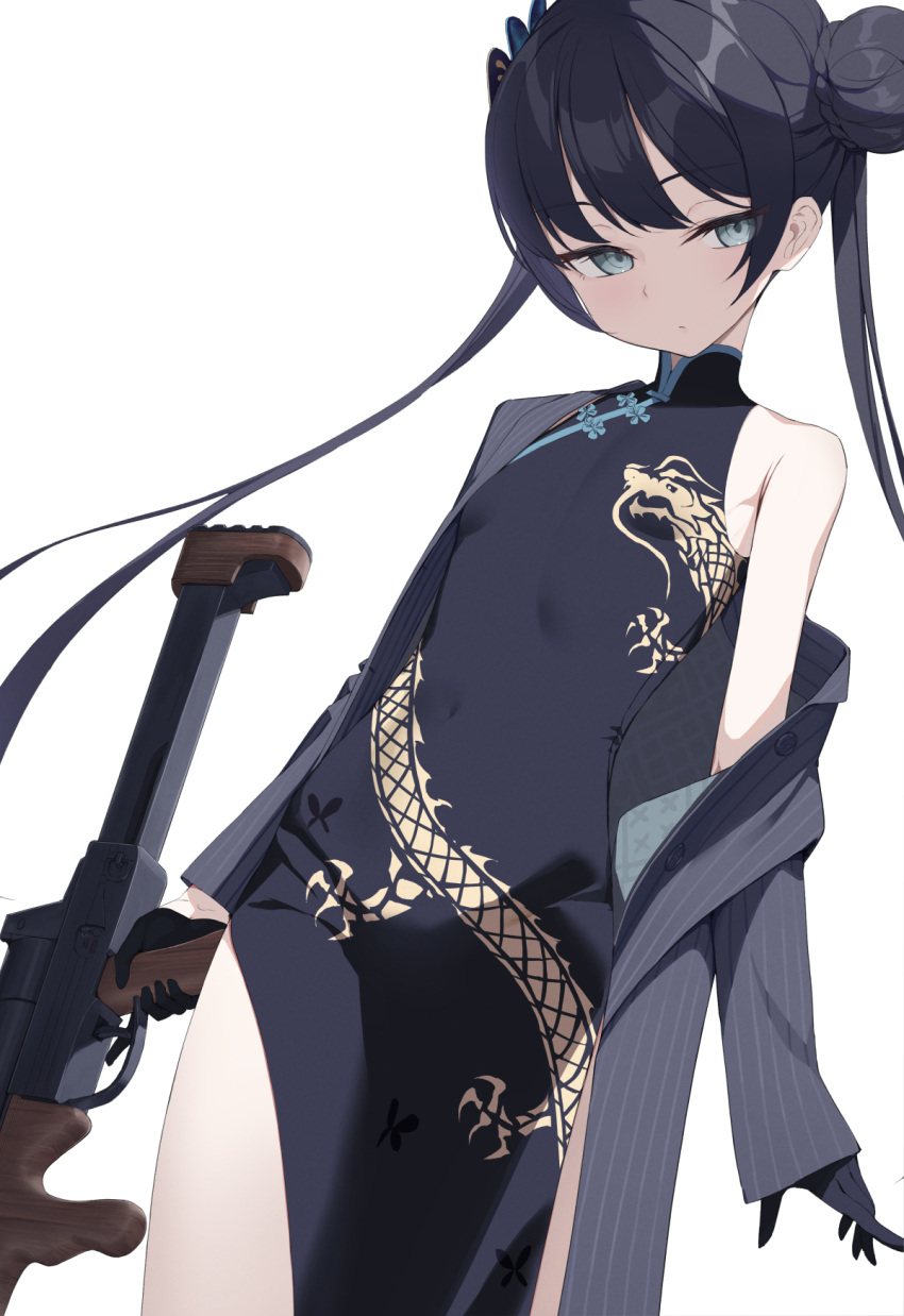 1girl black_dress black_gloves black_hair blue_archive braid braided_bun breasts china_dress chinese_clothes closed_mouth coat commentary_request cowboy_shot double_bun dragon_print dress gloves grey_coat grey_eyes gun hair_bun highres holding holding_gun holding_weapon kisaki_(blue_archive) long_hair looking_down nogami_(minamiituki) off_shoulder partial_commentary pelvic_curtain pinstripe_pattern print_dress simple_background single_bare_shoulder sleeveless sleeveless_dress small_breasts solo striped submachine_gun twintails vertical-striped_coat weapon white_background