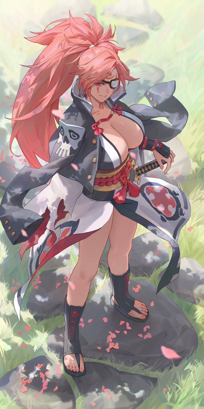 1girl absurdres baiken black_jacket breasts cleavage closed_mouth collarbone commentary english_commentary feet free_style_(yohan1754) full_body grass guilty_gear highres jacket jacket_on_shoulders japanese_clothes katana large_breasts long_hair long_sleeves looking_at_viewer nail_polish one_eye_covered outdoors petals pink_eyes ponytail sandals sheath sheathed smile solo standing sword toenail_polish toenails toes weapon