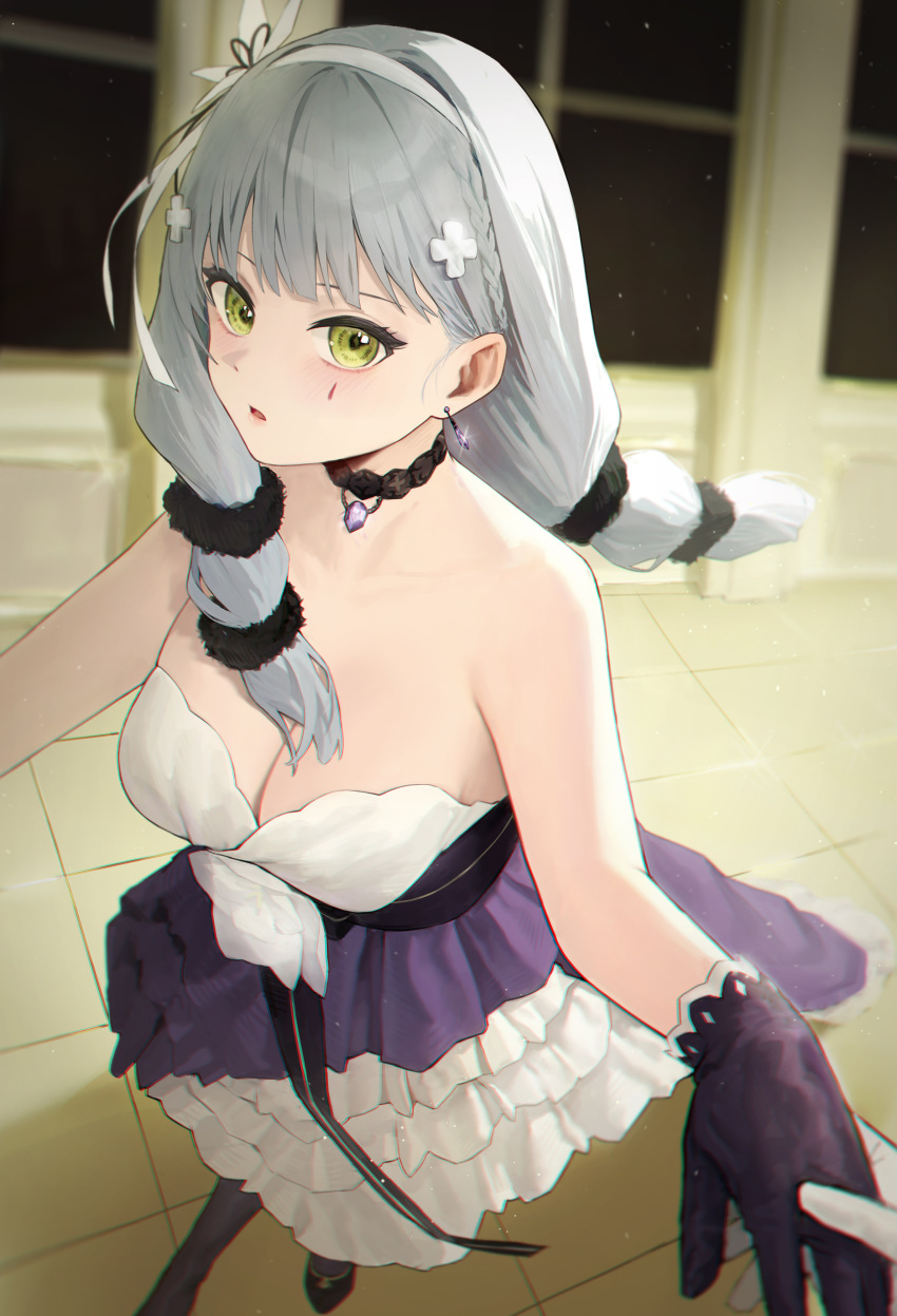 1girl absurdres bare_shoulders black_gloves breasts choker cleavage dress frilled_dress frills girls'_frontline gloves green_eyes hair_ornament hairband highres hk416_(girls'_frontline) hk416_(starry_cocoon)_(girls'_frontline) holding_hands indoors kir_(khw66136132) large_breasts long_hair looking_at_viewer multicolored_clothes multicolored_dress official_alternate_costume purple_dress solo white_dress