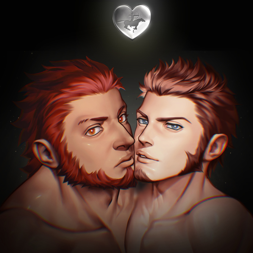 2boys absurdres bara beard blue_eyes bright_pupils brown_hair collarbone commission dark facial_hair fate/grand_order fate_(series) goatee heart highres imminent_kiss iskandar_(fate) long_sideburns male_focus mature_male metal multiple_boys muscular muscular_male napoleon_bonaparte_(fate) nude pectorals red_eyes red_hair second-party_source short_hair sideburns thick_lips upper_body waiwai_mura yaoi