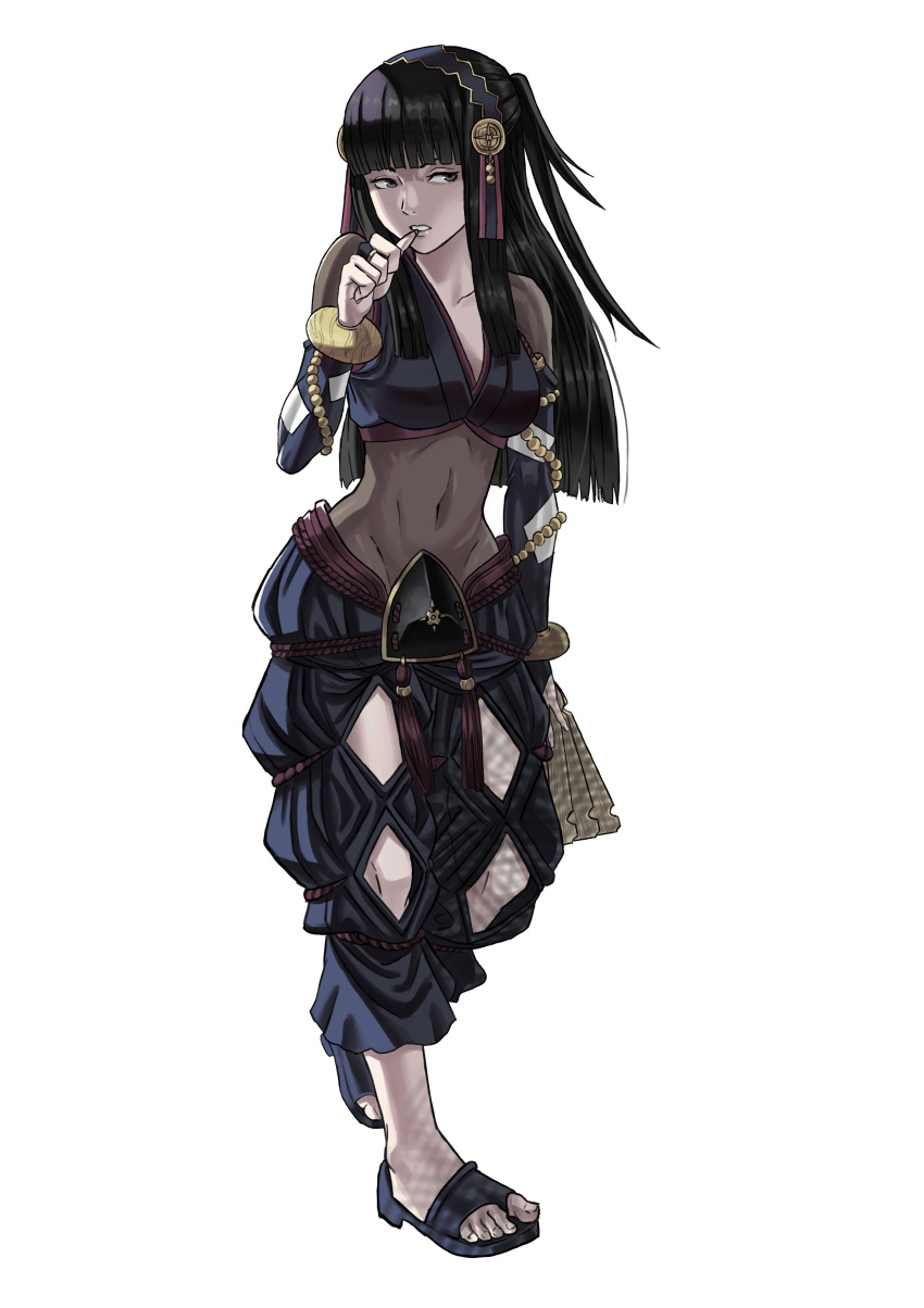 1girl absurdres biting black_eyes black_hair black_pants blunt_bangs bodystocking breasts bridal_gauntlets clothing_cutout collarbone commentary_request covered_navel fire_emblem fire_emblem_fates full_body highres japanese_clothes long_hair medium_breasts midriff nail_biting pants peacefulandflat rhajat_(fire_emblem) sandals simple_background solo straight_hair toes white_background