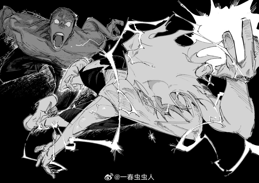 2boys arm_up atie1225 black_background blank_eyes duel electricity electrokinesis facing_another from_above greyscale hair_slicked_back highres hunter_x_hunter killua_zoldyck menthuthuyoupi monochrome multiple_boys perspective shoes shorts spiked_hair topless_male