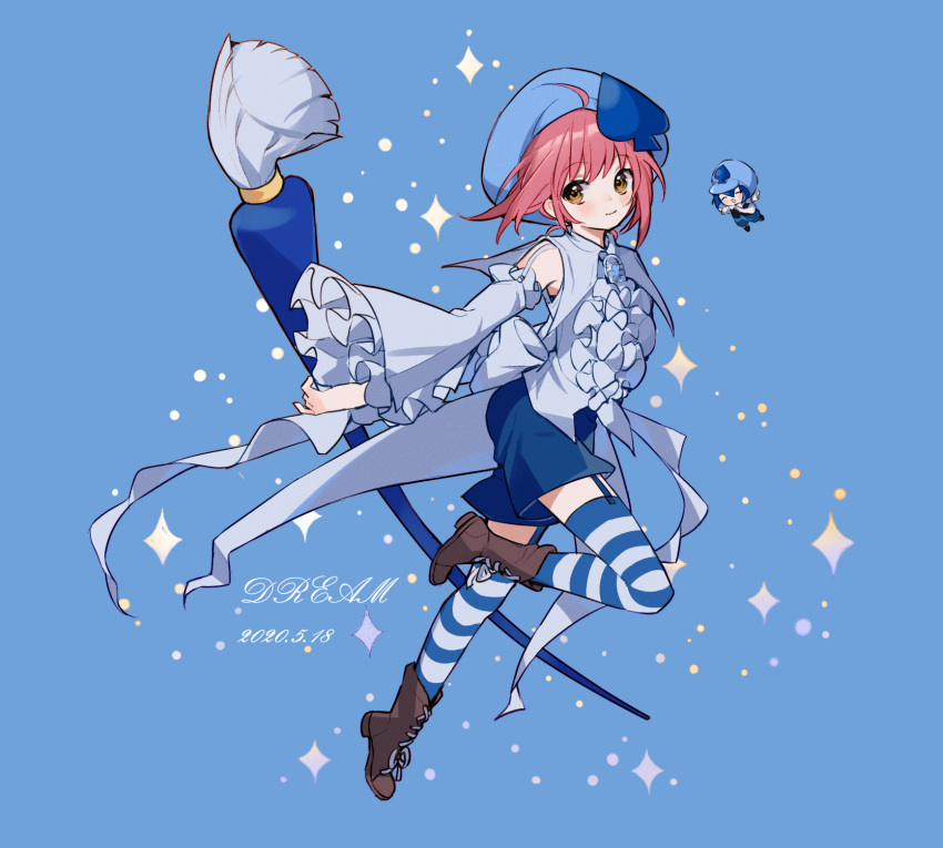 2girls amulet_spade artist_name blue_hair blue_headwear blue_shirt blue_shorts blue_thighhighs brown_footwear closed_mouth collared_shirt dated detached_sleeves dream_(1791923913) full_body hair_ornament highres hinamori_amu holding holding_paintbrush light_blue_background long_sleeves looking_at_viewer miki_(shugo_chara!) multiple_girls orange_eyes paintbrush pink_hair shirt short_hair shorts shugo_chara! smile spade_hair_ornament striped striped_thighhighs thighhighs white_thighhighs