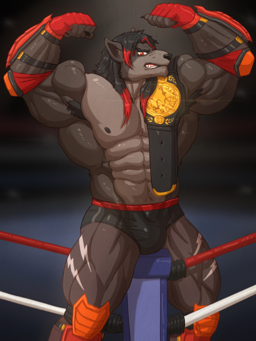 2020 abs absurd_res anthro armpit_hair biceps big_muscles black_body black_claws black_fur black_hair black_nose body_hair bulge canid canine canis championship_belt claws clothed clothing feet fighting_ring finger_claws fingerless_gloves flexing flexing_both_biceps fur gloves hair handwear hi_res highlights_(coloring) humanoid_feet humanoid_hands legwear long_hair looking_at_viewer male mammal mike_lycaon muscular muscular_anthro muscular_male pecs plantigrade pose red_eyes red_highlights rope solo tight_clothing tights toes topless wolf wrestler yecow