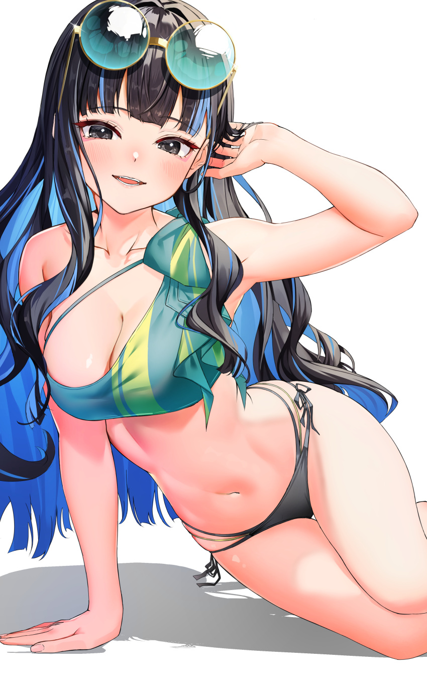 1girl absurdres bikini black_bikini_bottom black_hair blue_hair blush breasts commission eyewear_on_head fate/grand_order fate_(series) green_bikini hand_on_own_head highres large_breasts long_hair looking_at_viewer multi-strapped_bikini multicolored_hair navel raag_jp round_eyewear simple_background skeb_commission smile solo stomach swimsuit tenochtitlan_(fate) two-tone_bikini two-tone_hair