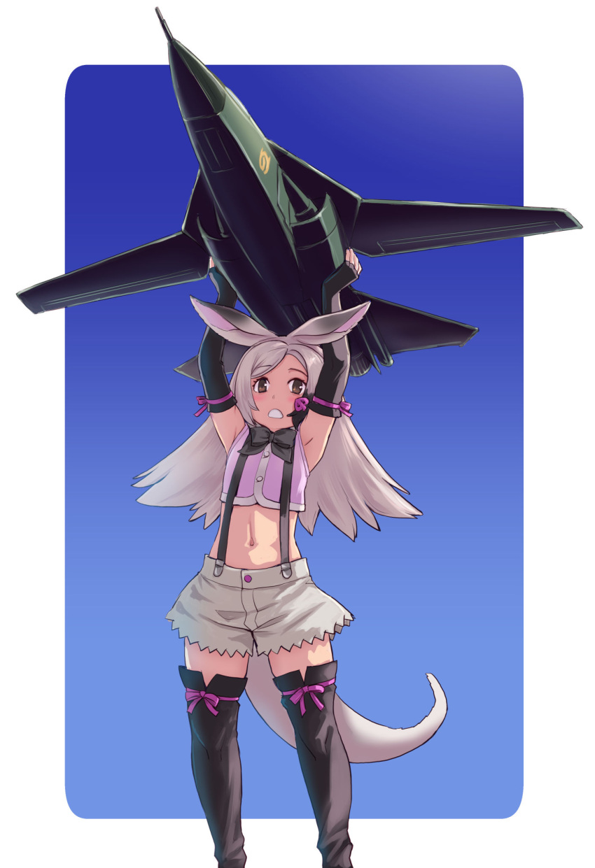 1girl aardvark_(kemono_friends) animal_ears bare_shoulders black_bow black_bowtie black_gloves black_thighhighs bow bowtie crop_top elbow_gloves f-111_aardvark fighter_plane fingerless_gloves gloves grey_hair grey_shorts highres kemono_friends kosai_takayuki long_hair midriff multicolored_hair name_connection navel pink_shirt shirt short_shorts shorts skirt sleeveless solo suspender_skirt suspenders tail thighhighs white_hair