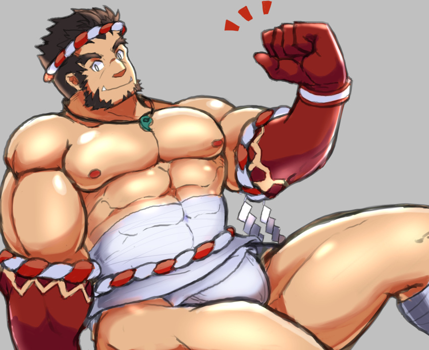 1boy abs bandaged_leg bandages bara biceps black_hair bulge clenched_hand clothing_aside colored_skin covered_abs facial_hair feet_out_of_frame flexing forked_eyebrows fundoshi fundoshi_aside goatee goriin110 hachimaki head_tilt headband highres japanese_clothes large_pectorals looking_at_viewer looking_to_the_side male_focus mature_male midriff_sarashi muscular muscular_male mutton_chops nejiri_hachimaki nipples notice_lines pectorals red_skin sarashi short_hair sitting solo stomach tajikarao_(housamo) thick_eyebrows thick_thighs thighs tokyo_afterschool_summoners topless_male tusks