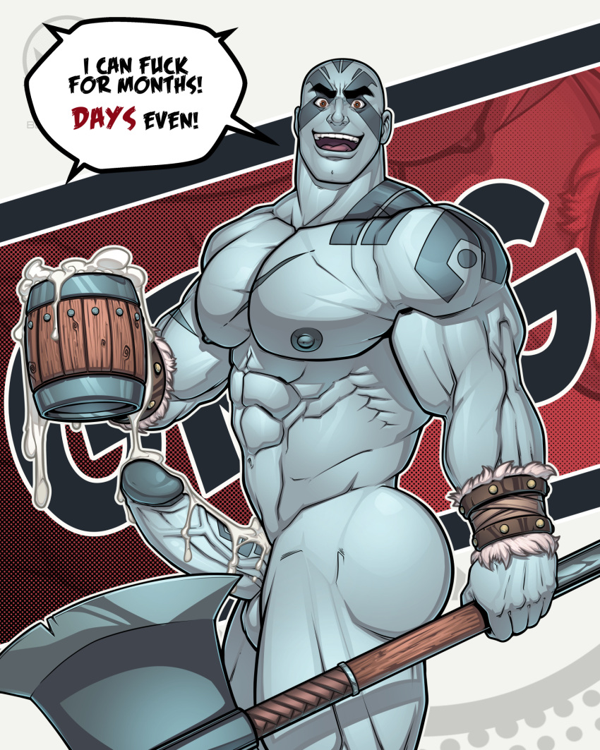1boy :d abs after_sex axe bald bara battle_axe beer_mug blitzturner blue_skin bracer chest_harness colored_skin completely_nude critical_role cum_on_penis cup english_text erection feet_out_of_frame grog_strongjaw harness head_tattoo highres holding holding_axe holding_cup large_pectorals looking_at_viewer male_focus mature_male mug muscular muscular_male navel nipples nude paid_reward_available pectorals penis scar scar_on_chest shoulder_tattoo smile solo stomach tattoo the_legend_of_vox_machina thick_eyebrows thick_thighs thighs uncensored veins veiny_penis weapon