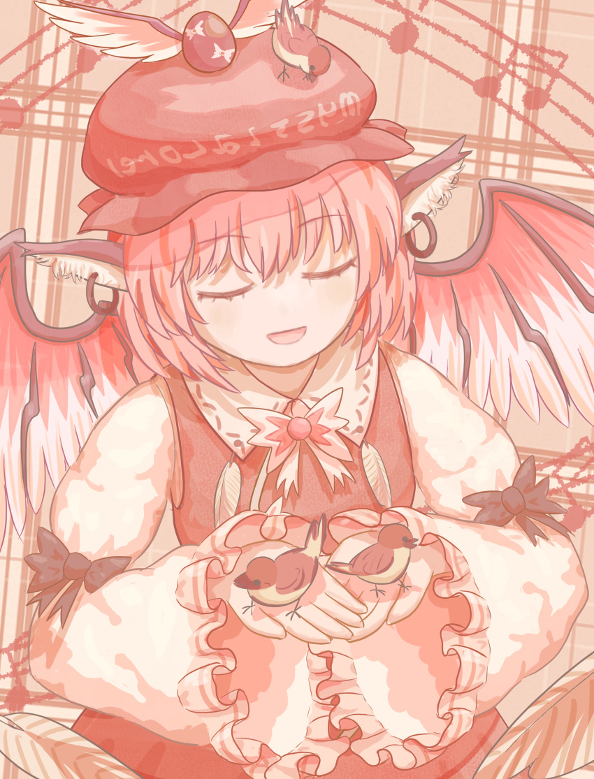1girl absurdres animal_ear_piercing animal_ears animal_on_hand animal_on_head bird bird_ears bird_girl bird_on_head bird_wings brown_headwear character_name closed_eyes clothes_writing commentary_request frilled_sleeves frills hat highres long_sleeves mob_cap musical_note mystia_lorelei on_head pink_hair ro.ro short_hair touhou upper_body winged_hat wings