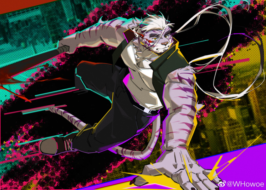 1boy absurdres alternate_costume animal_ears bara baseball_bat black_pants diamond_(shape) digital_dissolve facial_hair foreshortening forked_eyebrows furry furry_male gakuran goatee highres holding holding_baseball_bat large_pectorals long_hair looking_to_the_side male_focus mature_male multicolored_hair muscular muscular_male original pants pectorals ponytail purple_fur sadiend school_uniform shirt sleeveless sleeveless_shirt solo streaked_hair thick_eyebrows tiger_boy tiger_ears white_hair whowoe yellow_eyes