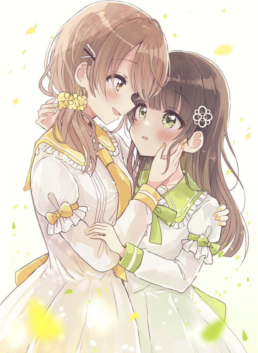 2girls blush bow breasts brown_eyes brown_hair collared_dress commentary_request dress eye_contact flower frilled_shirt_collar frills gochuumon_wa_usagi_desu_ka? green_bow green_eyes hair_flower hair_ornament hairclip highres hoto_cocoa layered_sleeves long_hair long_sleeves looking_at_another multiple_girls nail_polish necktie orange_nails parted_lips puffy_short_sleeves puffy_sleeves sakura_oriko short_over_long_sleeves short_sleeves simple_background small_breasts smile ujimatsu_chiya white_background white_dress yellow_flower yellow_necktie yuri