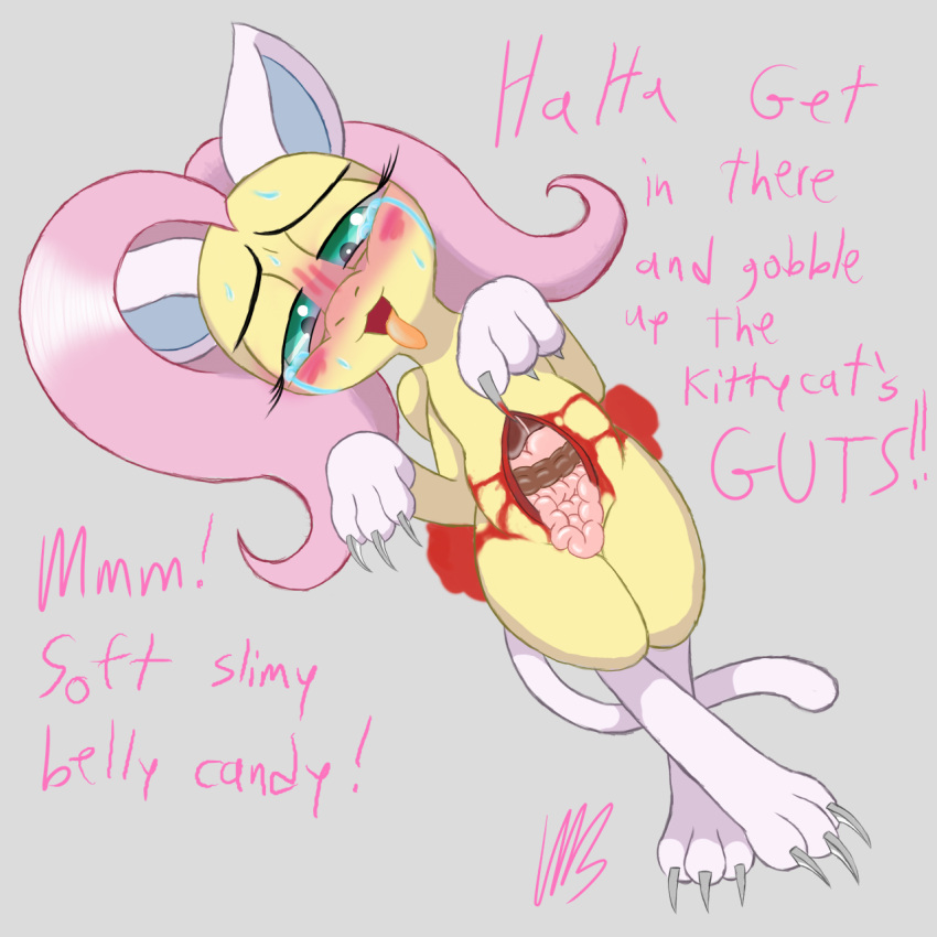 blood bodily_fluids cat_costume claws clothing costume equid equine female feral fluttershy_(mlp) friendship_is_magic gore guts hasbro hi_res horse intestines mammal mauling maulnarch_blooderfly my_little_pony organs pony self_harm solo