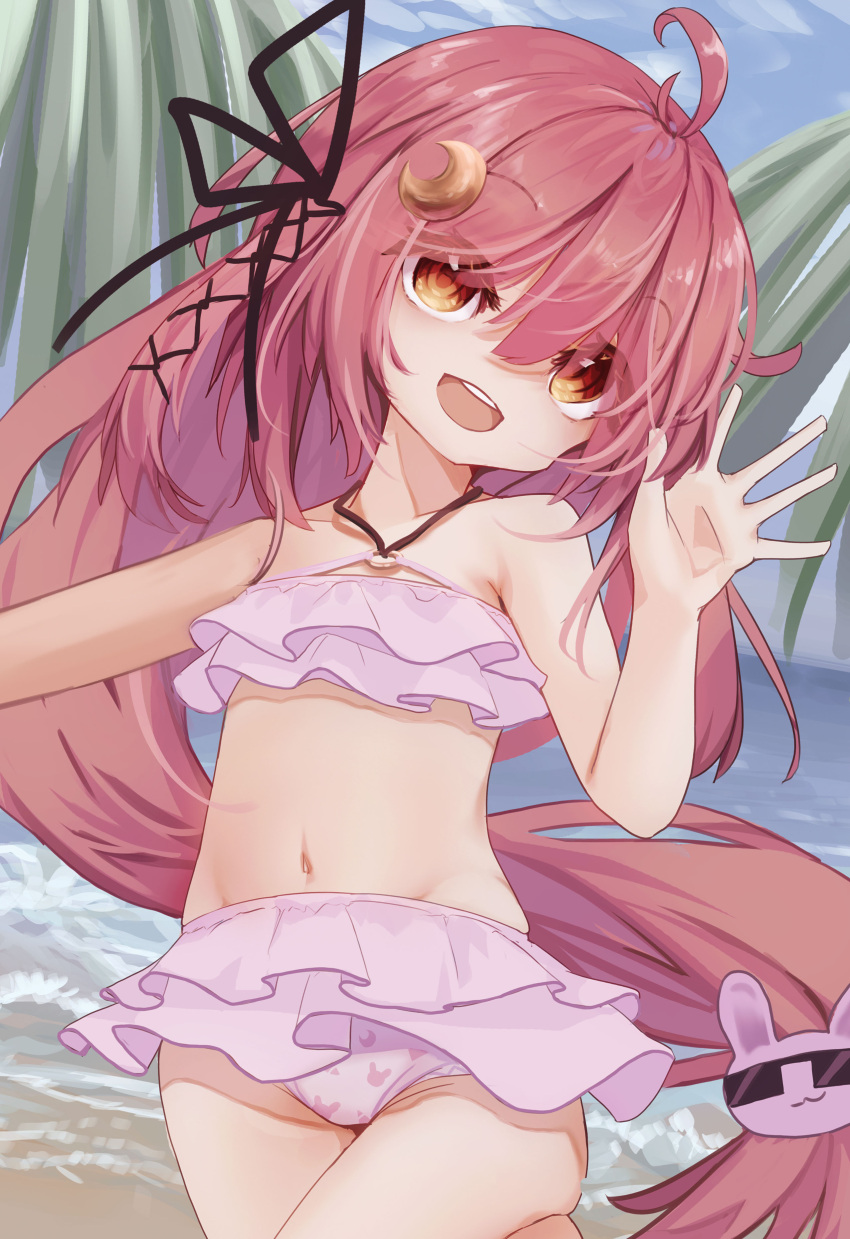 1girl absurdres alternate_costume bare_arms bikini bikini_skirt crescent crescent_hair_ornament hair_ornament highres kantai_collection logiclr long_hair ocean open_mouth pink_bikini pink_eyes pink_hair rabbit smile swimsuit tree uzuki_(kancolle) very_long_hair