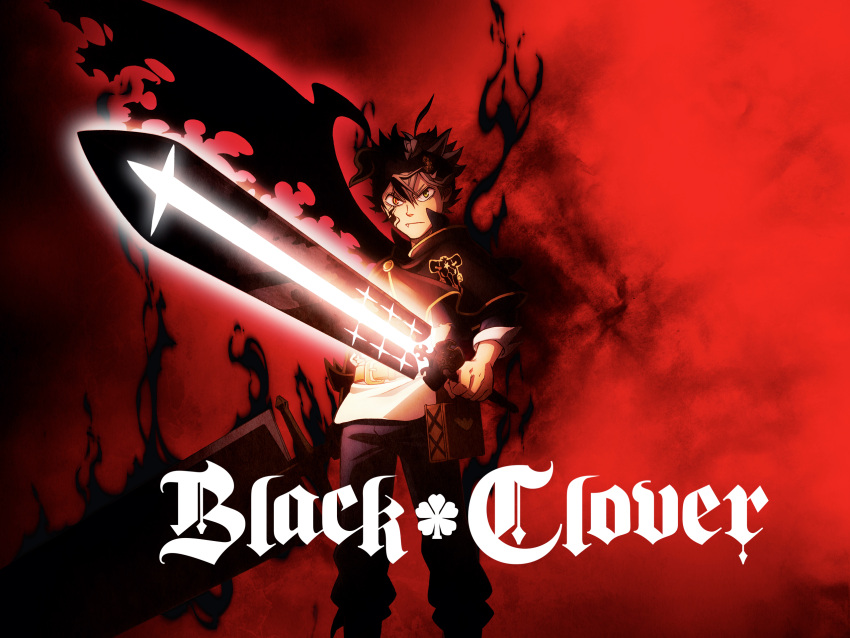 1boy artist_request asta_(black_clover) aura black_bulls_(emblem) black_capelet black_clover black_headband capelet copyright_name cover dark_aura demon_horns demon_wings dual_wielding dvd_cover feet_out_of_frame frown glowing glowing_sword glowing_weapon green_eyes grey_hair headband highres holding holding_sword holding_weapon horns looking_at_another looking_at_viewer male_focus mismatched_pupils official_art red_eyes short_hair single_horn single_wing solo spiked_hair standing sword weapon wings