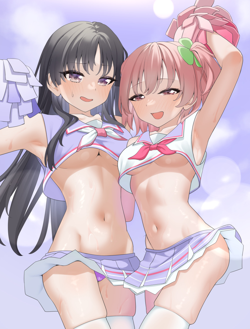 2girls absurdres arm_around_waist arm_up armpits assault_lily bare_arms bare_shoulders black_hair blue_sky blush breasts cheerleader clothes_lift cloud clover_hair_ornament collarbone commentary_request cowboy_shot crop_top crop_top_overhang day four-leaf_clover_hair_ornament groin hair_ornament half-closed_eyes hand_up highres hitotsuyanagi_riri holding holding_pom_poms long_hair looking_at_viewer medium_breasts midriff miniskirt multiple_girls navel neckerchief official_alternate_costume open_mouth outdoors panties parted_lips pink_eyes pink_hair pleated_skirt pom_pom_(cheerleading) purple_panties purple_sailor_collar purple_shirt purple_skirt raised_eyebrows red_neckerchief saetusum sailor_collar shirai_yuyu shirt short_hair side-by-side sidelocks skindentation skirt skirt_lift sky smile standing stomach sweat thighhighs underboob underwear very_long_hair white_neckerchief white_shirt white_thighhighs