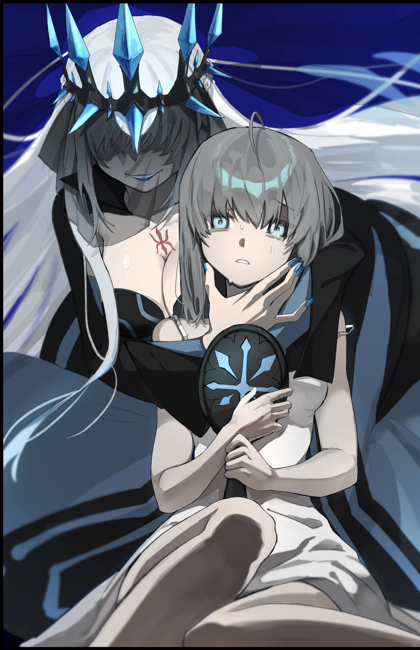2girls absurdres ahoge bare_shoulders black_dress blue_background blue_eyes blue_lips blue_nails breasts chest_tattoo cleavage commentary_request covered_eyes crown dress evil_grin evil_smile fate/apocrypha fate_(series) fingernails floating_hair gray_(fate) grey_hair grin hair_between_eyes hand_mirror hand_on_another's_face highres holding holding_mirror large_breasts lips lipstick long_hair lord_el-melloi_ii_case_files makeup medium_breasts mirror morgan_le_fay_(fate) multiple_girls short_hair sitting sleeveless sleeveless_dress smile sweat tattoo tearing_up tokoni_fusu veil white_dress white_hair wide_sleeves