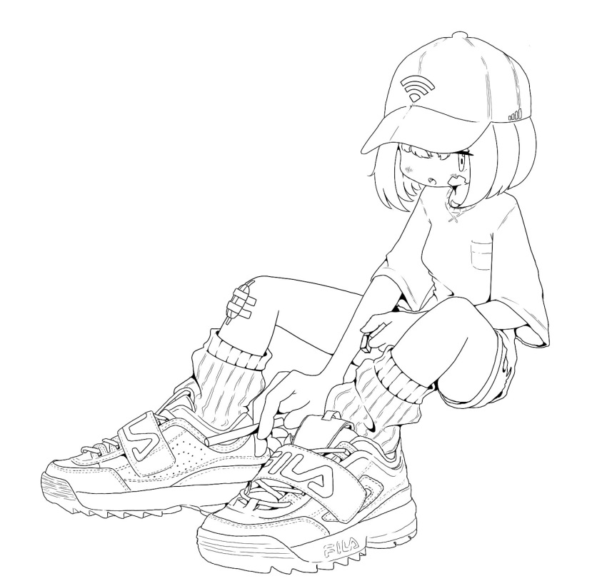 1girl bandaid bandaid_on_cheek bandaid_on_face bandaid_on_knee bandaid_on_leg baseball_cap bob_cut breast_pocket breasts cigarette closed_mouth commentary fila full_body greyscale hair_over_one_eye hat high_contrast highres holding holding_cigarette holding_lighter knees_up lighter lineart looking_at_viewer medium_hair monochrome nao97122 one_eye_covered open_mouth original pocket ribbed_socks shirt shoes short_sleeves shorts simple_background sitting small_breasts smoking sneakers socks solo streetwear unfinished white_background