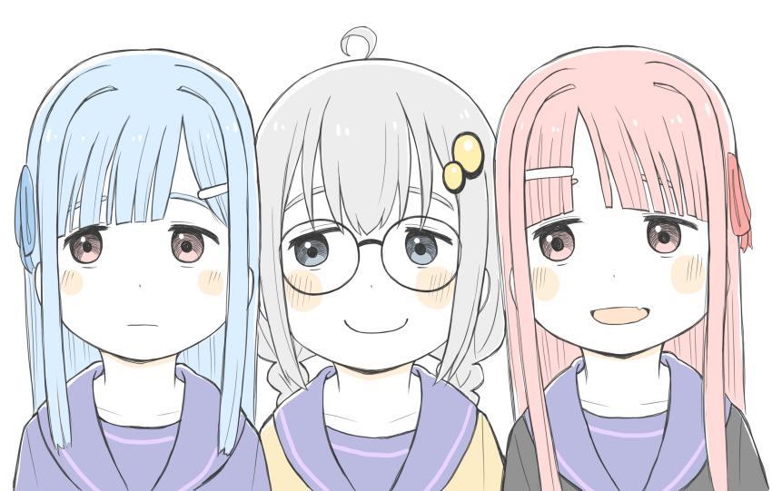 3girls ahoge alternate_costume bespectacled black_shirt blue_eyes blue_hair blunt_bangs blush_stickers braid collarbone commentary_request expressionless fang glasses grey_hair hair_ornament hair_ribbon hairclip heads_together highres itesu kizuna_akari kotonoha_akane kotonoha_aoi light_frown lineup long_hair looking_to_the_side low_twin_braids multiple_girls open_mouth pink_eyes pink_hair portrait purple_sailor_collar purple_shirt raised_eyebrows ribbon round_eyewear sailor_collar school_uniform serafuku shirt siblings sidelocks sisters skin_fang smile twin_braids vocaloid voiceroid white_background yellow_shirt