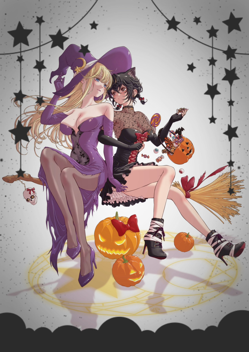 2girls alternate_eye_color animal_ear_fluff animal_ears asahina_yuni bare_shoulders black_footwear black_hair black_pantyhose blonde_hair blue_eyes boots bow braid breasts broom broom_riding brown_eyes candy candy_cane candy_wrapper cat_ears cleavage collarbone commentary_request covered_collarbone covered_navel dress elbow_gloves eyeball fingerless_gloves floating_hair food gloves hair_between_eyes hair_bow halloween halloween_bucket halloween_costume hat high_heel_boots high_heels highres holding holding_candy holding_food holding_lollipop iwami_kiyoko jack-o'-lantern kyou_wa_kanojo_ga_inai_kara large_breasts locked_arms lollipop long_hair low_twin_braids magic_circle medium_breasts mole mole_on_breast multiple_girls nail_polish off-shoulder_dress off_shoulder official_art pantyhose pelvic_curtain pumpkin purple_dress purple_footwear purple_headwear purple_nails red_bow see-through short_hair side_slit sidelocks skull star_(symbol) swirl_lollipop taki_fuuko thigh_grab torn_clothes torn_dress twin_braids witch_hat