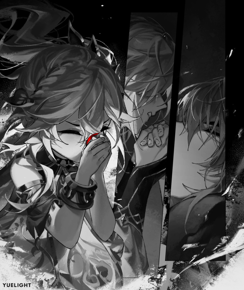 1girl 2boys alhaitham_(genshin_impact) artist_name closed_eyes detached_sleeves dress english_text genshin_impact greyscale hair_between_eyes highres holding holding_hands kaveh_(genshin_impact) long_hair monochrome multiple_boys nahida_(genshin_impact) ponytail side_ponytail spot_color tears yuelight