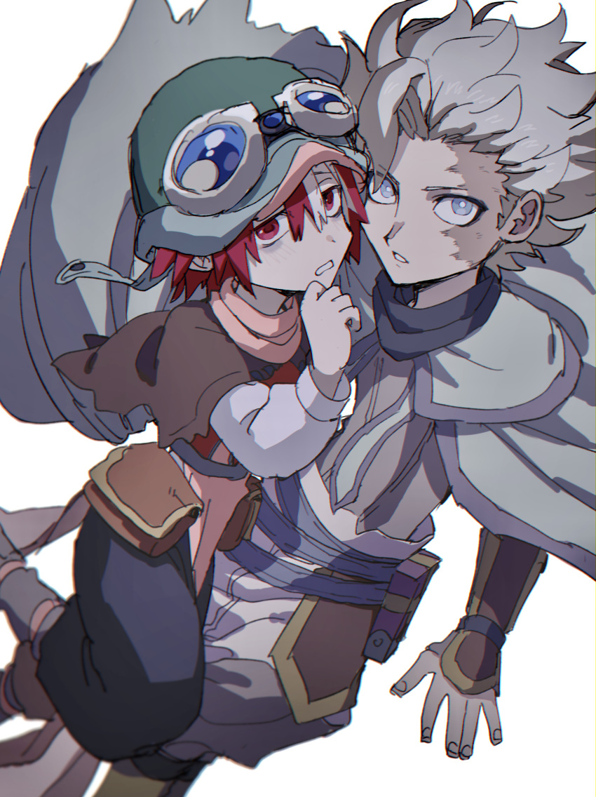 1boy 1girl absurdres bags_under_eyes belafu_(human) blue_eyes bright_pupils brown_capelet burn_scar cape capelet goggles goggles_on_headwear grey_cape highres kometubu0712 long_sleeves looking_at_viewer made_in_abyss multicolored_hair parted_lips puffy_pants red_eyes red_hair scar scar_on_face short_hair spiked_hair vueko white_background white_hair white_pupils