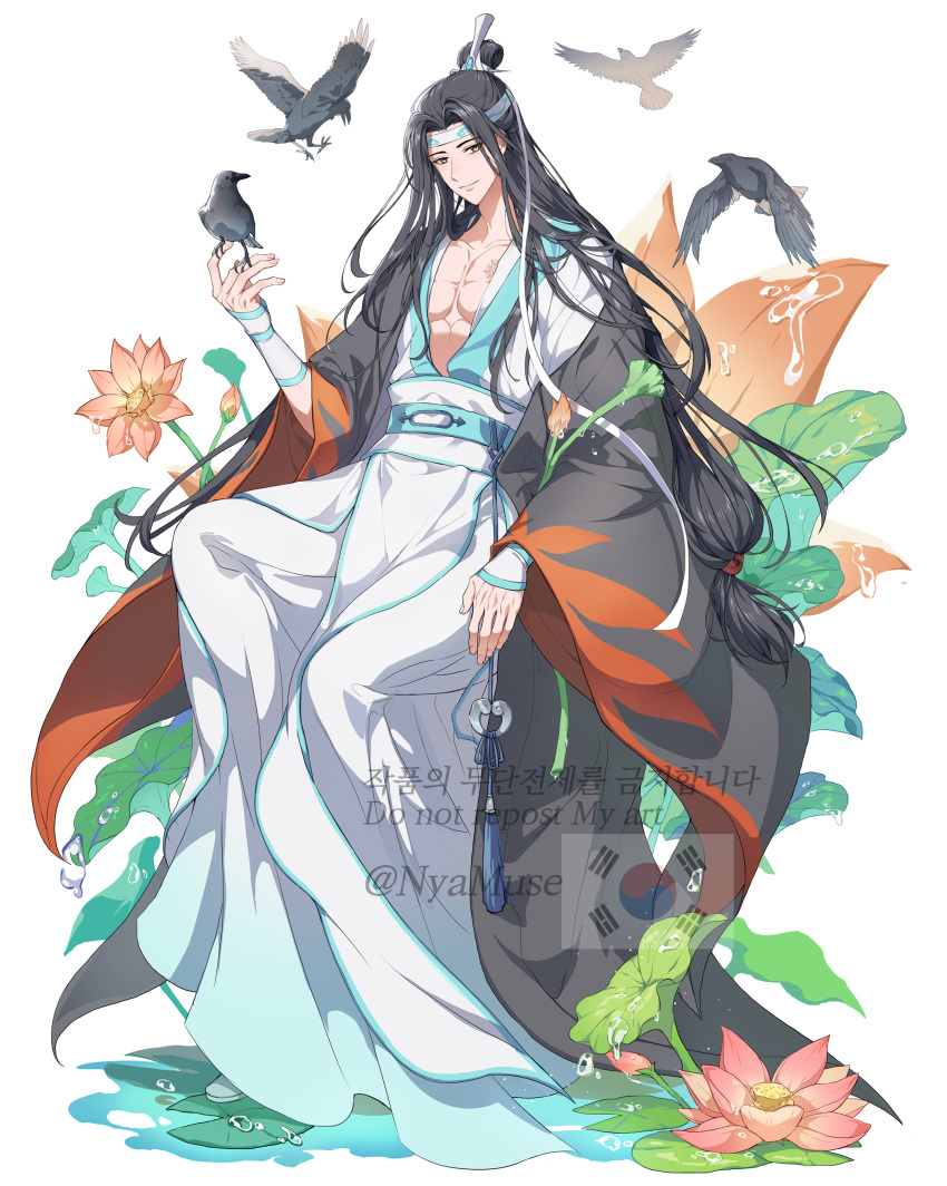 1boy absurdres artist_name bird bird_on_hand bishounen black_hair black_robe brown_eyes bud chinese_clothes closed_mouth collarbone commentary_request flower full_body hair_bun hair_ornament hair_ribbon hand_up headband highres lan_wangji lily_pad long_hair long_sleeves looking_at_viewer lotus lotus_leaf male_focus modao_zushi muse_(rainforest) open_clothes open_robe parted_bangs pectorals pink_flower ribbon robe sash sidelocks simple_background single_hair_bun smile solo south_korean_flag tassel twitter_username very_long_hair water water_drop water_lily_flower watermark white_background white_headband white_ribbon white_robe white_sash wide_sleeves