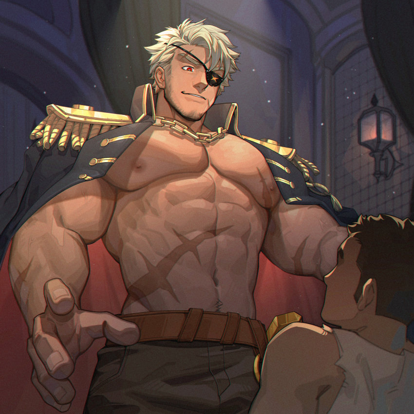 2boys abs absurdres bara belt black_coat black_pants blonde_hair brown_belt chain_necklace coat coat_on_shoulders eyepatch facial_hair highres jewelry large_pectorals male_focus multiple_boys muscular muscular_male navel necklace nipples one_eye_covered original pants pectorals peterhl pirate scar scar_on_chest scar_on_stomach short_hair yaoi