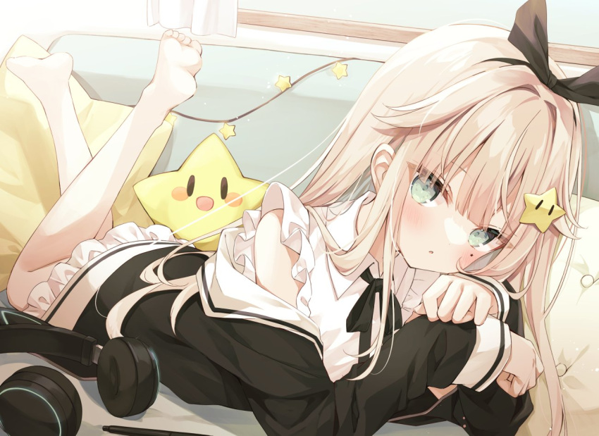 1girl :o barefoot black_bow black_hairband black_jacket black_ribbon blush bow brown_hair collared_shirt commentary_request couch full_body green_eyes hair_ornament hair_ribbon hairband headphones headphones_removed hoshi_(snacherubi) indoors jacket legs_up long_hair long_sleeves looking_at_viewer lying mole mole_under_eye off_shoulder on_couch on_stomach open_clothes open_jacket original own_hands_together parted_lips pillow ribbon shirt sleeveless sleeveless_shirt sleeves_past_wrists soles solo star_(symbol) star_hair_ornament very_long_hair white_shirt |_|
