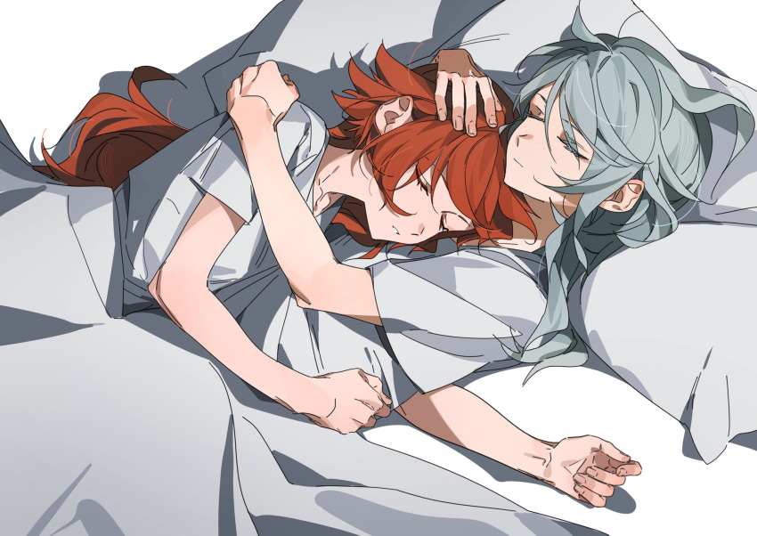 2girls closed_eyes closed_mouth commentary freckles grey_hair hand_on_another's_arm hand_on_another's_back hand_on_another's_head head_on_chest highres hug long_hair molu_stranger multiple_girls on_bed pajamas pillow red_hair reverse:1999 shirt short_sleeves sleeping sonetto_(reverse:1999) under_covers vertin_(reverse:1999) white_background white_shirt yuri