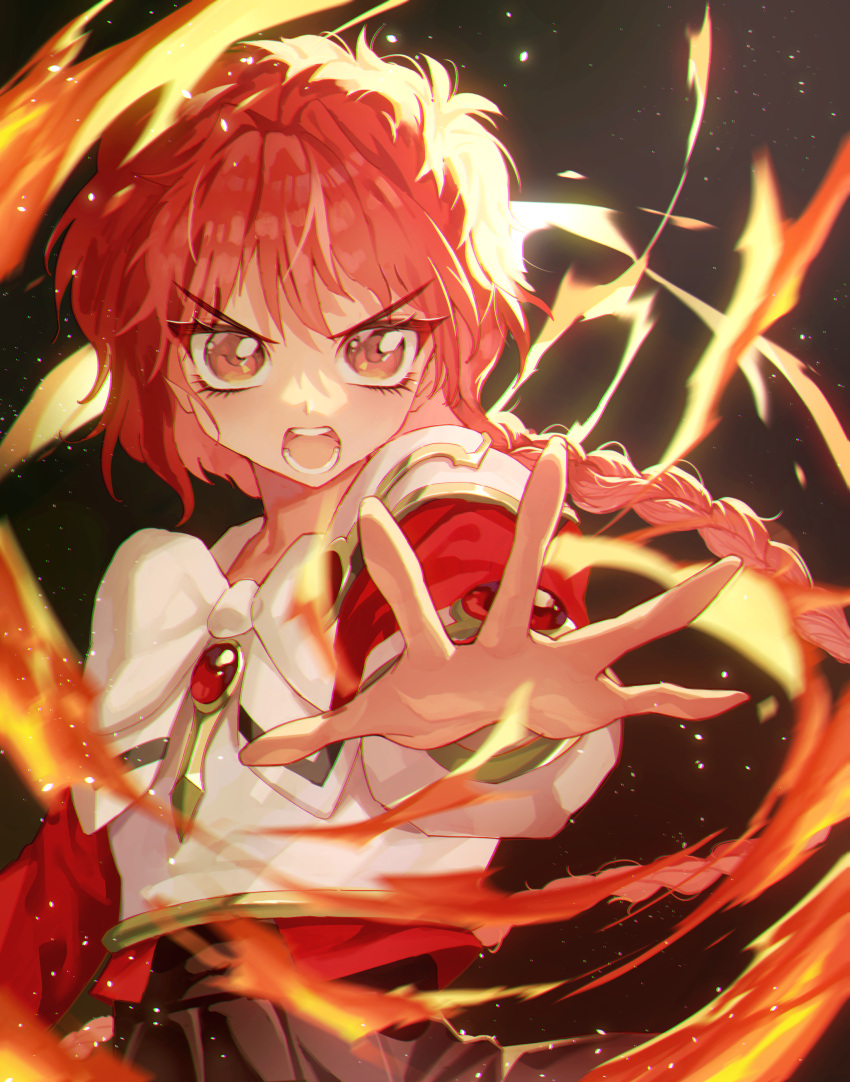 1girl absurdres angry black_background blurry bow braid depth_of_field fire foreshortening highres light_particles long_hair looking_at_viewer magic_knight_rayearth marimoppoi open_mouth outstretched_hand red_eyes red_hair school_uniform shidou_hikaru single_braid solo teeth very_long_hair white_bow