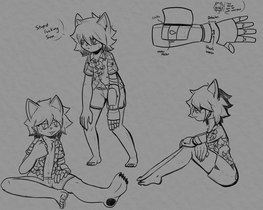 aloha_shirt anthro bandage barefoot bastardcat3 bottomwear clothing cybernetic_arm cybernetic_limb domestic_cat english_text feet felid feline felis hi_res male mammal monochrome multiple_drawings pattern_clothing pattern_shirt pattern_topwear prosthetic prosthetic_limb pubes ranged_weapon shirt shorts solo tatsuo text topwear toy toy_gun water_gun weapon