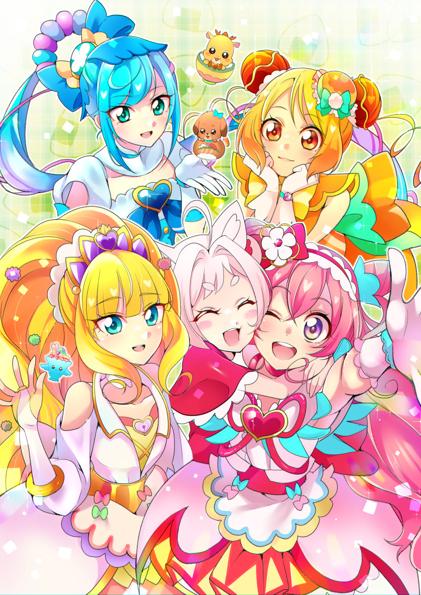 5girls absurdres ahoge animal_ears arm_up arms_around_neck back_bow blonde_hair blue_bow blue_eyes blue_hair blunt_bangs bow bridal_gauntlets brooch bun_cover cheek-to-cheek choker closed_eyes closed_mouth clothing_cutout commentary cone_hair_bun cure_finale cure_precious cure_spicy cure_yum-yum delicious_party_precure dog double_bun dragon dress foreshortening fox_ears fox_girl frilled_hairband frills fuwa_kokone gloves green_eyes hair_bow hair_bun hair_intakes hair_ornament hairband hanamichi_ran hands_on_own_face heads_together heart_brooch highres hug huge_bow jacket jewelry kasai_amane kome-kome_(precure)_(human) long_hair looking_at_viewer magical_girl mem-mem_(precure) mitsuki_tayura multiple_girls nagomi_yui off-shoulder_dress off_shoulder one_eye_closed open_mouth orange_bow orange_dress pam-pam_(precure) pink_hair pink_skirt precure purple_eyes purple_skirt recipipi red_bow red_choker red_eyes short_hair shoulder_cutout side_ponytail skirt sleeveless sleeveless_dress smile sparkle standing tiara triple_bun very_long_hair waving white_gloves white_jacket wide_ponytail