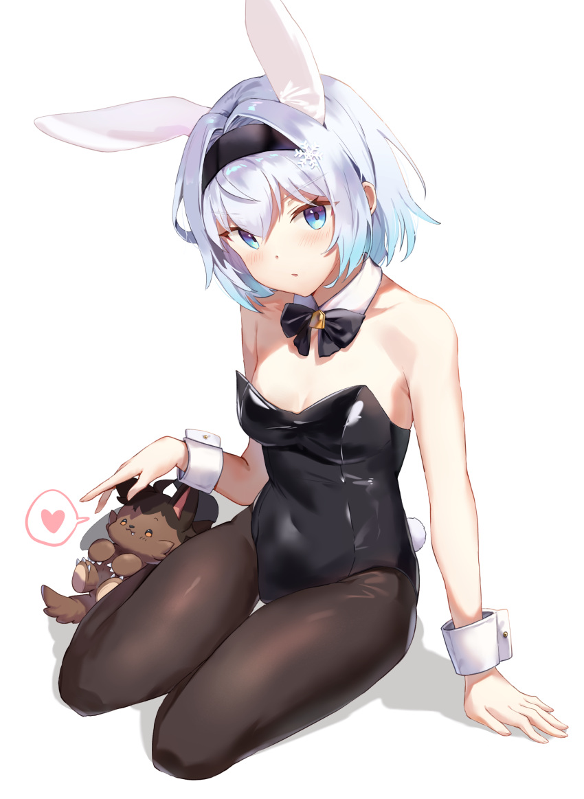 1girl absurdres animal animal_ears bare_shoulders black_bow black_bowtie black_hairband black_leotard black_pantyhose blue_eyes blue_hair bow bowtie breasts commentary_request covered_navel detached_collar fake_animal_ears fake_tail gradient_hair grey_hair hairband hand_on_ground head_tilt heart highres kuzuryuu_yaichi leotard looking_at_viewer multicolored_hair pantyhose playboy_bunny rabbit_ears rabbit_tail ryuuou_no_oshigoto! same_(samefgo) short_hair simple_background sitting small_breasts solo sora_ginko spoken_heart strapless strapless_leotard tail thighs white_background wrist_cuffs yokozuwari