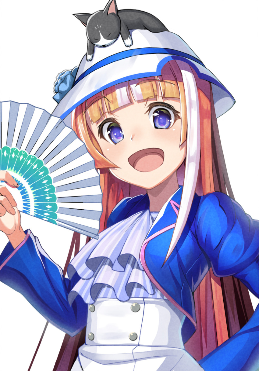 1girl akikawa_yayoi_(umamusume) animal_on_head ascot blue_eyes blue_jacket blunt_bangs brown_hair bucket_hat cat cat_on_head cropped_jacket dress flower folding_fan hand_fan hand_up hat hat_flower highres holding holding_fan jacket long_hair long_sleeves looking_at_viewer multicolored_hair on_head open_mouth raised_eyebrows simple_background smile solo streaked_hair takase_hiro umamusume upper_body white_background white_dress white_headwear