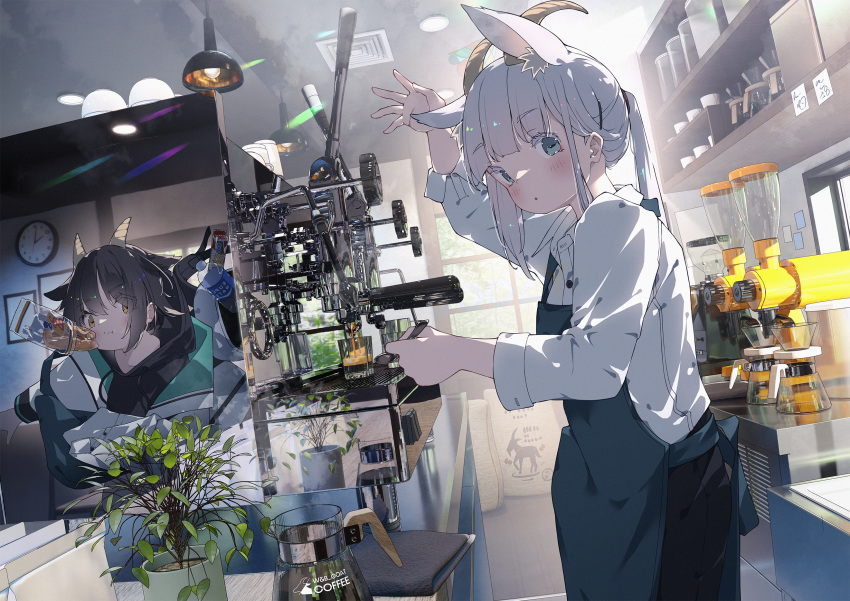 2girls animal_ear_fluff animal_ears apron arm_up black_hair black_pants blunt_bangs blush cafe clock coffee coffee_pot collared_shirt commentary_request cowboy_shot cup eating flower_pot food goat_horns green_apron green_eyes grey_hair hair_flaps highres hoji_(hooooooooji1029) holding holding_spoon horns indoors long_sleeves looking_at_viewer multiple_girls original pants ponytail shirt spoon table wall_clock white_shirt