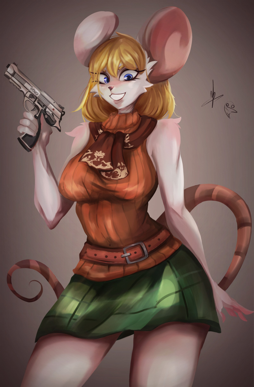 absurd_res alternate_species anthro ashley_graham_(resident_evil) beretta_92 blonde_hair bottomwear capcom clothed clothing digital_media_(artwork) female fur furrification gun hair handgun hi_res holding_gun holding_object holding_weapon looking_at_viewer mammal mouse moushley murid murine pistol ranged_weapon resident_evil rodent simple_background skirt solo vpseo weapon white_body white_fur