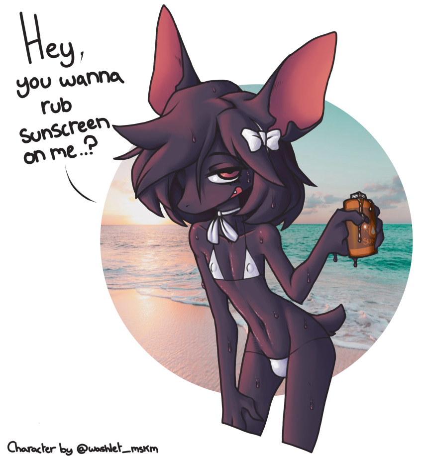 anthro bat beach bikini bikini_bottom bikini_top black_body bodily_fluids bow_ribbon bulge clothing girly hi_res male mammal ponporio_(artist) red_eyes seaside solo sunscreen sweat swimwear