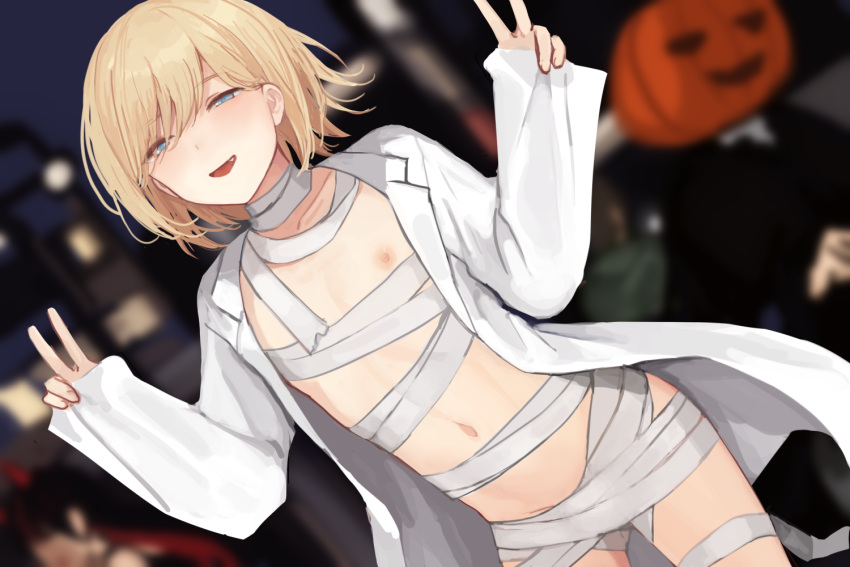 1boy 2others :d ^_^ bandages blonde-haired_boy_(sunaba_(nczd5875)) blonde_hair blue_eyes blurry blush closed_eyes coat collarbone depth_of_field double_v fang half-closed_eyes halloween halloween_costume jack-o'-lantern_head lab_coat male_focus multiple_others naked_bandage navel nipples open_clothes open_coat open_mouth original otoko_no_ko short_hair smile solo_focus sunaba_(nczd5875) v