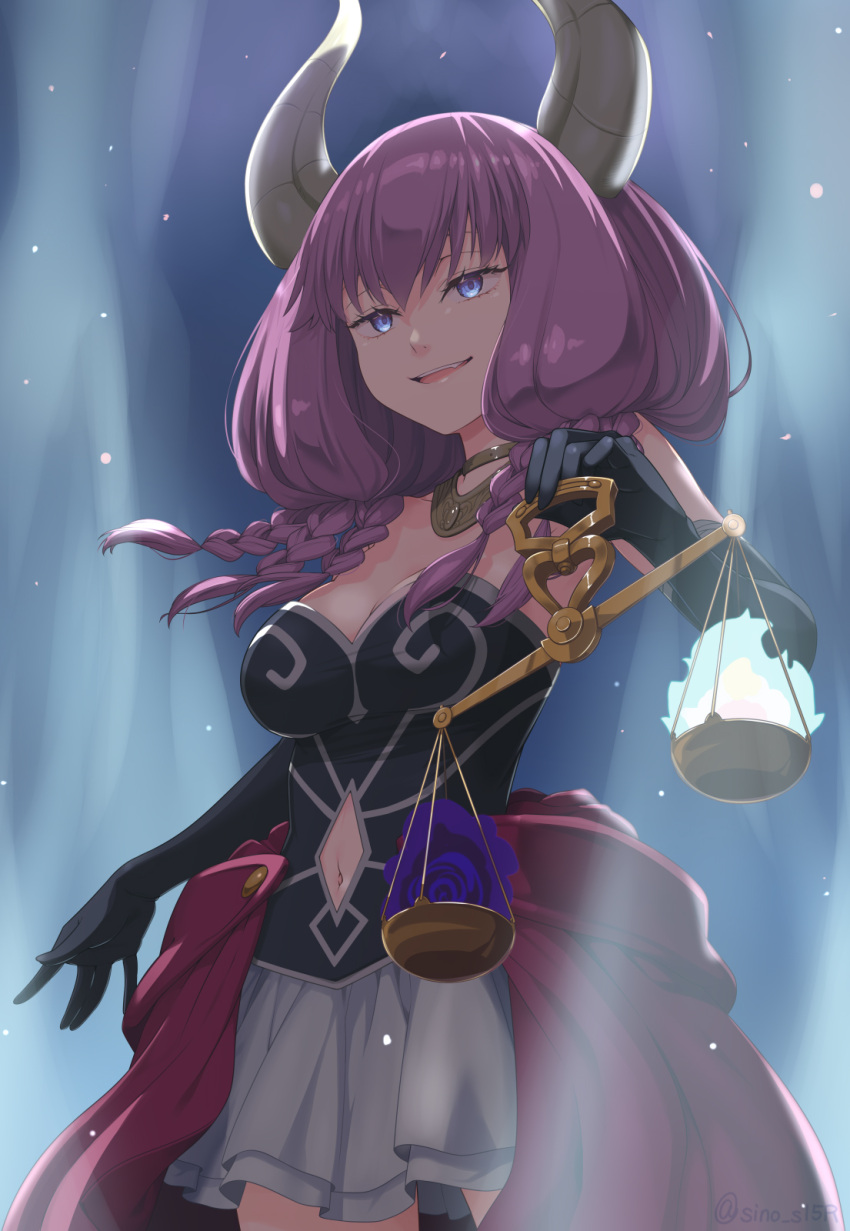 1girl \||/ aura_(sousou_no_frieren) black_gloves black_shirt blue_eyes braid breasts cleavage clothing_cutout commentary_request cowboy_shot demon_girl demon_horns elbow_gloves fire gloves highres horns long_hair looking_at_viewer masaki_shino medium_breasts navel navel_cutout open_mouth purple_fire purple_hair shirt side_braid skirt smile solo sousou_no_frieren strapless strapless_shirt teeth upper_teeth_only weighing_scale white_fire white_skirt