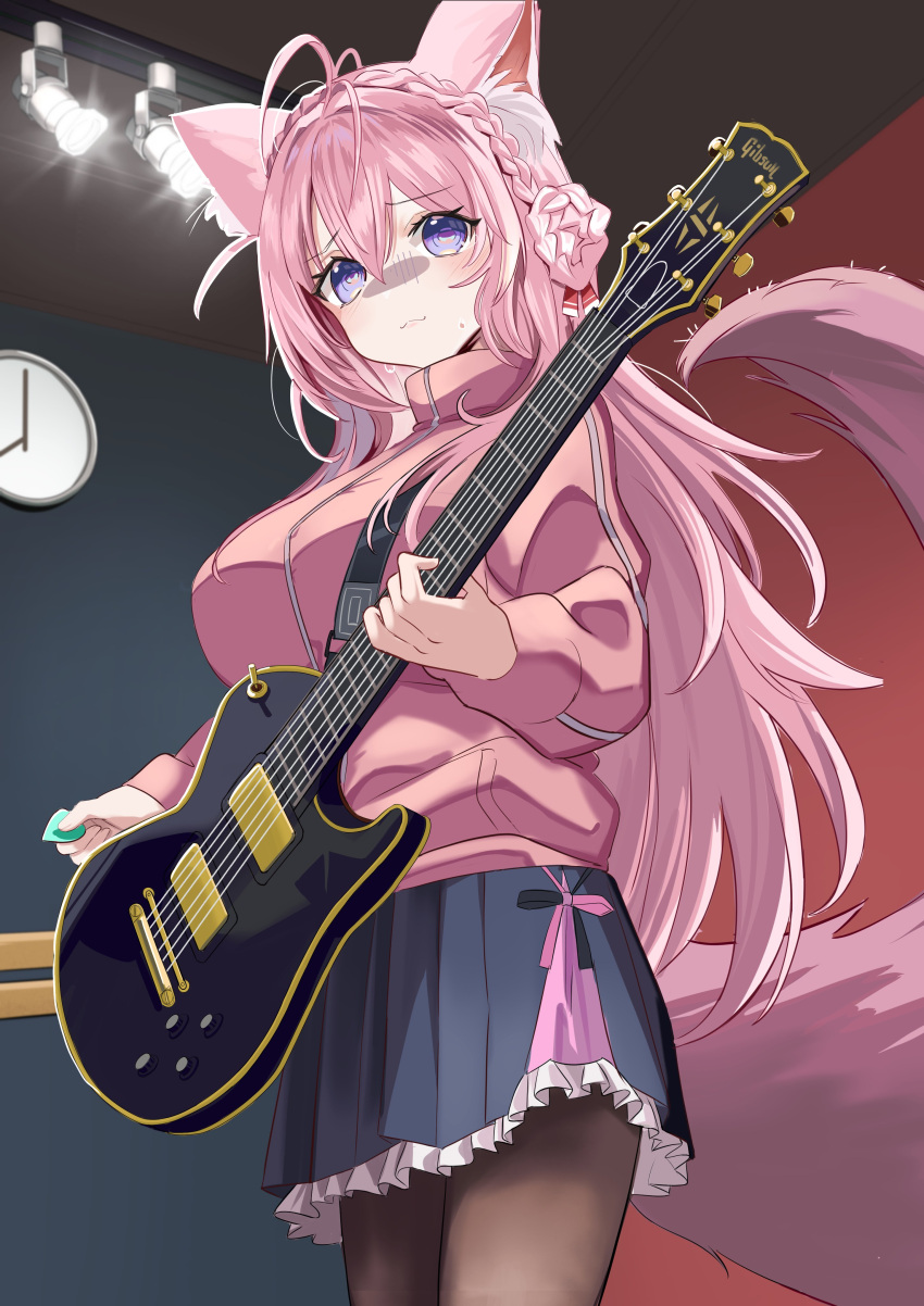 1girl :3 @_@ absurdres animal_ear_fluff animal_ears antenna_hair black_pantyhose black_skirt blue_eyes blush bocchi_the_rock! braid braided_bun breasts commentary cosplay cowboy_shot crown_braid frilled_skirt frills gotou_hitori guitar hair_between_eyes hair_bun hair_spread_out hakui_koyori highres holding holding_instrument hololive indoors instrument jacket large_breasts long_hair long_sleeves looking_at_viewer manjirou_(manji_illust) miniskirt nervous nervous_smile pantyhose pink_hair pink_jacket pink_tail pleated_skirt plectrum sidelocks skirt smile solo sweat tail thighhighs very_long_hair virtual_youtuber wolf_ears wolf_girl wolf_tail