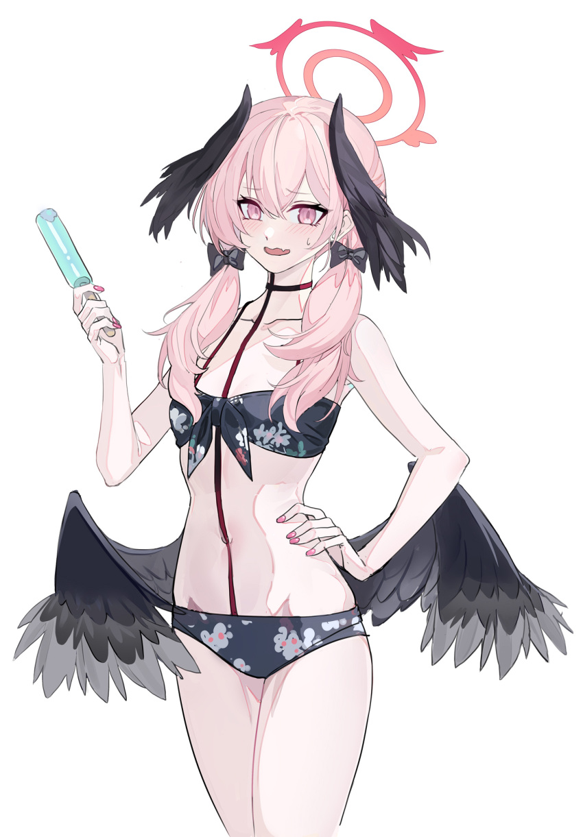 1girl bandeau bare_arms bare_shoulders bikini black_bikini black_choker black_wings blue_archive blush choker collarbone commentary_request cowboy_shot echj feathered_wings food front-tie_bikini_top front-tie_top hand_on_own_hip hand_up head_wings highres holding holding_food koharu_(blue_archive) long_hair looking_at_viewer low_twintails low_wings nail_polish navel open_mouth pink_eyes pink_hair pink_nails popsicle simple_background solo standing stomach swimsuit thighs twintails white_background wings