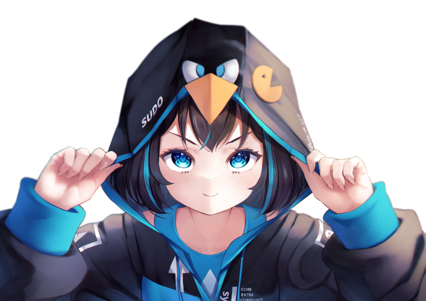 1girl absurdres arch_linux bangs bird black_hair black_hoodie blue_eyes blue_shirt highres hood hoodie krita_(medium) linux long_sleeves looking_at_viewer looking_up os-tan pac-man penguin personification raviolimavioli shirt simple_background smile sweater upper_body v-shaped_eyebrows white_background