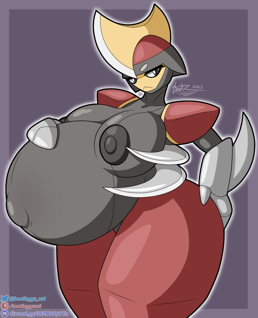 2023 absurd_res anthro areola armor belly big_belly big_breasts biped bisharp blade blade_arm bootleggz breasts cel_shading clothing digital_media_(artwork) eyelashes female frown generation_5_pokemon glistening glistening_body grey_body grey_nipples headgear headwear hi_res horn huge_belly huge_breasts humanoid looking_at_viewer navel nintendo nipples not_furry nude pokemon pokemon_(species) pregnant red_body shaded signature simple_background solo solo_focus thick_thighs