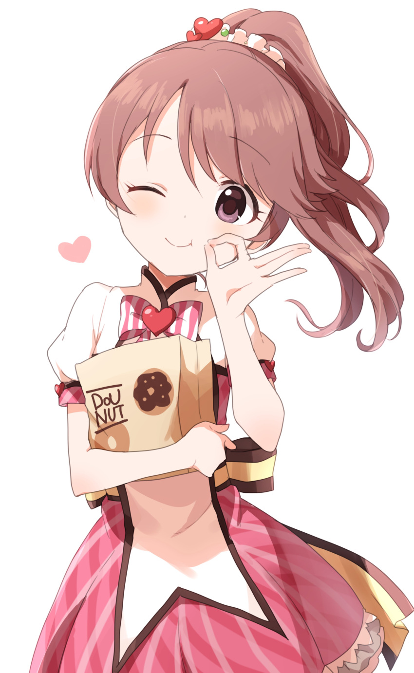 1girl absurdres bag blush bow brown_eyes brown_hair buchi_(y0u0ri_) closed_mouth dot_nose doughnut dress dress_bow food hair_ornament hair_scrunchie heart highres holding holding_bag idolmaster idolmaster_cinderella_girls idolmaster_cinderella_girls_starlight_stage long_hair looking_at_viewer ok_sign one_eye_closed pink_dress pink_ribbon ponytail ribbon scrunchie shiina_noriko short_sleeves simple_background smile solo striped striped_ribbon white_background yellow_ribbon