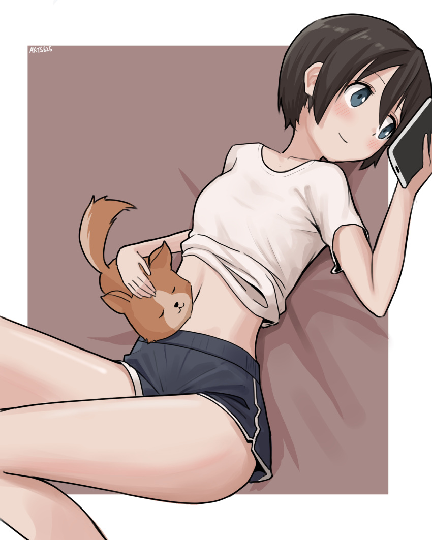 1girl absurdres akts625 artist_name bed_sheet black_hair blue_eyes blush breasts brown_background cellphone closed_eyes clothes_lift collarbone commentary dog dolphin_shorts feet_out_of_frame hair_between_eyes highres holding holding_phone knees_up light_blush looking_at_phone navel outside_border petting phone romaji_commentary saitou_ena shirt shirt_lift short_hair short_shorts short_sleeves shorts signature small_breasts smartphone smile solo stomach t-shirt very_short_hair white_shirt yurucamp