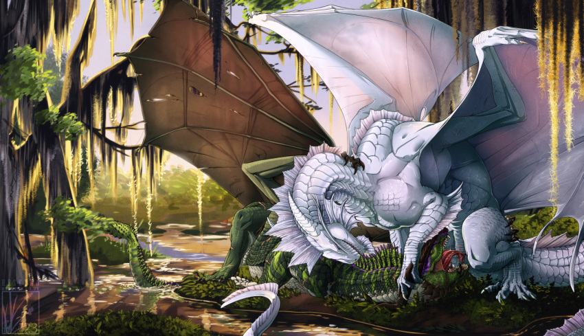 couple dominant dragon female femme_dom feral feral_on_feral green male male/female mangrove_tree marsh oral plant poison silver swamp tree western_dragons white