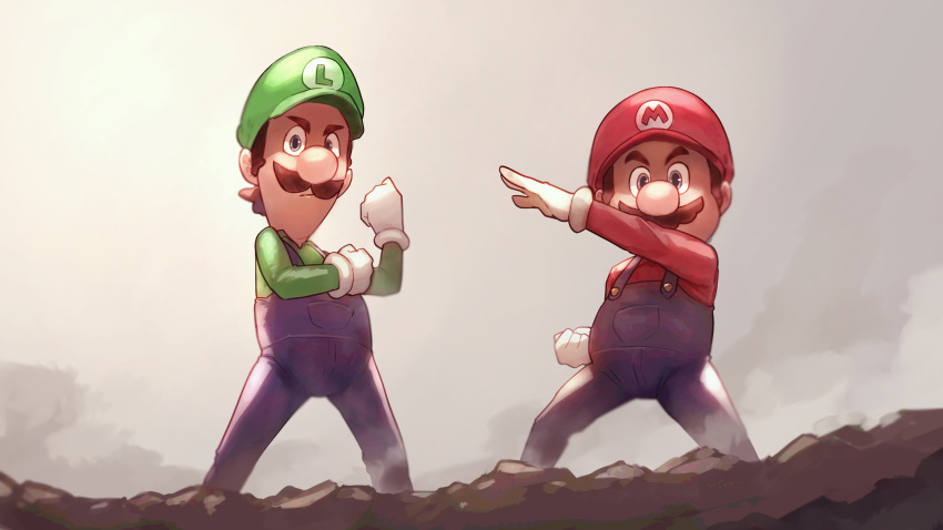 2boys absurdres blue_overalls brothers facial_hair feet_out_of_frame gloves green_headwear green_shirt highres kamen_rider looking_at_viewer luigi mario mario_(series) multiple_boys mustache outdoors overalls pose_request red_headwear red_shirt shiburingaru shirt siblings white_gloves
